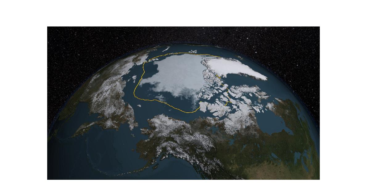 Arctic sea-ice extent for the summer in 2015 (NASA). Gold line represents the 1981-2010 average of sea-ice extent.