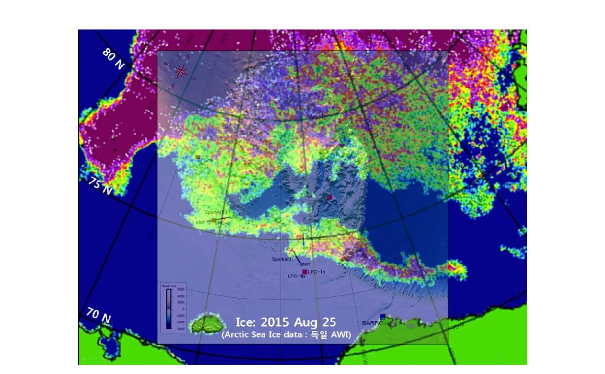 Arctic Sea-Ice image around Chukchi Sea and East Siberian Sea during IBRV Aron 2015 cruise (data from AWI). Black straight lines with annotation denote proposed sparker seismic line and red squares represent planned JPC sites.