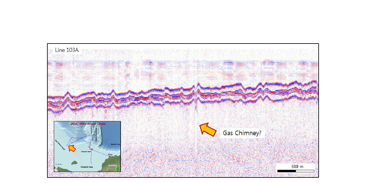 A sparker seismic profile showing gas chimney in the East Siberian Shelf, the Arctic Ocean.