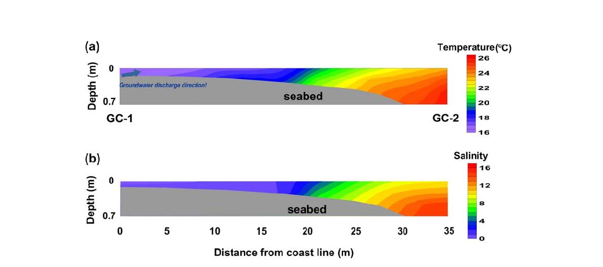 GC1-GC2 수직 단면의 (a) 온도 (b) EC 분포도 (2013/08/21) 15:30)