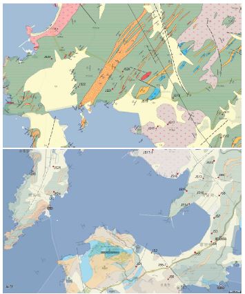 정산포 주변의 지질과 광역적 수질 특성조사를 위한 시료 채취 위치도