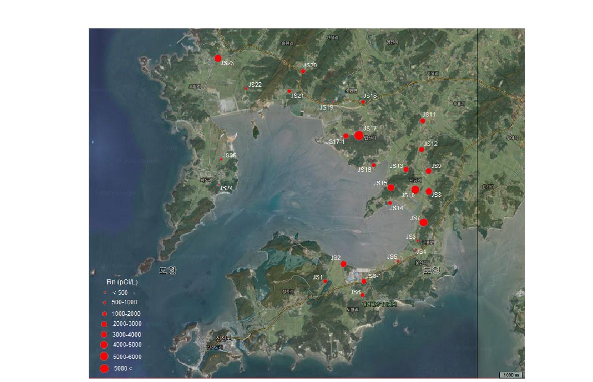 정산포 주변 지하수 내 Rn 함량 분포