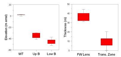 Box plot for water table, upper and lower boundary of the interface (left) and freshwater lens thickness and transition zone thickness (right).