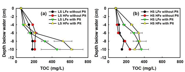 Depth profiles of TOC under low SO4 2-(a) and high SO4 2-(b) treatments after exposure to 55 μM As(V) for 115 days