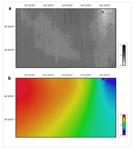그림 3.3.50 A 지역의 후방산란 이미지(a), 해저지형도(b)