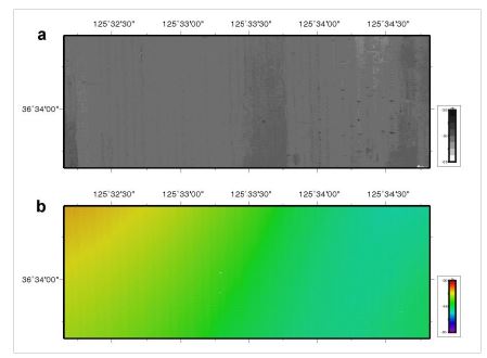 그림 3.3.52 B 지역의 후방산란 이미지(a), 해저지형도(b)