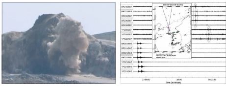 그림 3.1.1 평안북도 간석지 대발파 장면과 발파 당시의 지진파, 공중음파 신호 분석