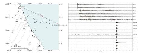 그림 3.2.11 (왼쪽) 2015년 8월 10일 동해 심해지역 지진원 위치, (오른쪽) 육상관측소, 해상플랫폼, 해저면 지진계 관측기록