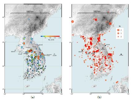 그림 3.2.27 (a) 1999-2014 기간 동안의 공중음파 단일 관측소 자동분석을 통해 구한 인공지진 분포도. (b) 3개 이상의 다중 관측소에서 공중음파 신호가 기록된 인공지진 위치도