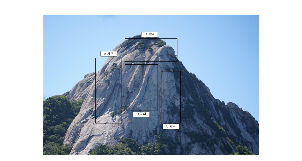 그림 3.1.3.41. 인수봉 낙석 가능성 분포도 작성을 위한 구역설정