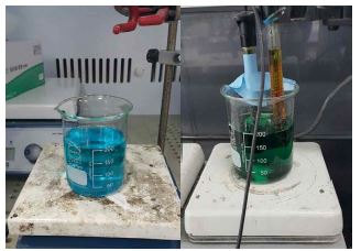 H2O2 투입 전(좌)과 후(우)의 모의침출용액 1의 모습