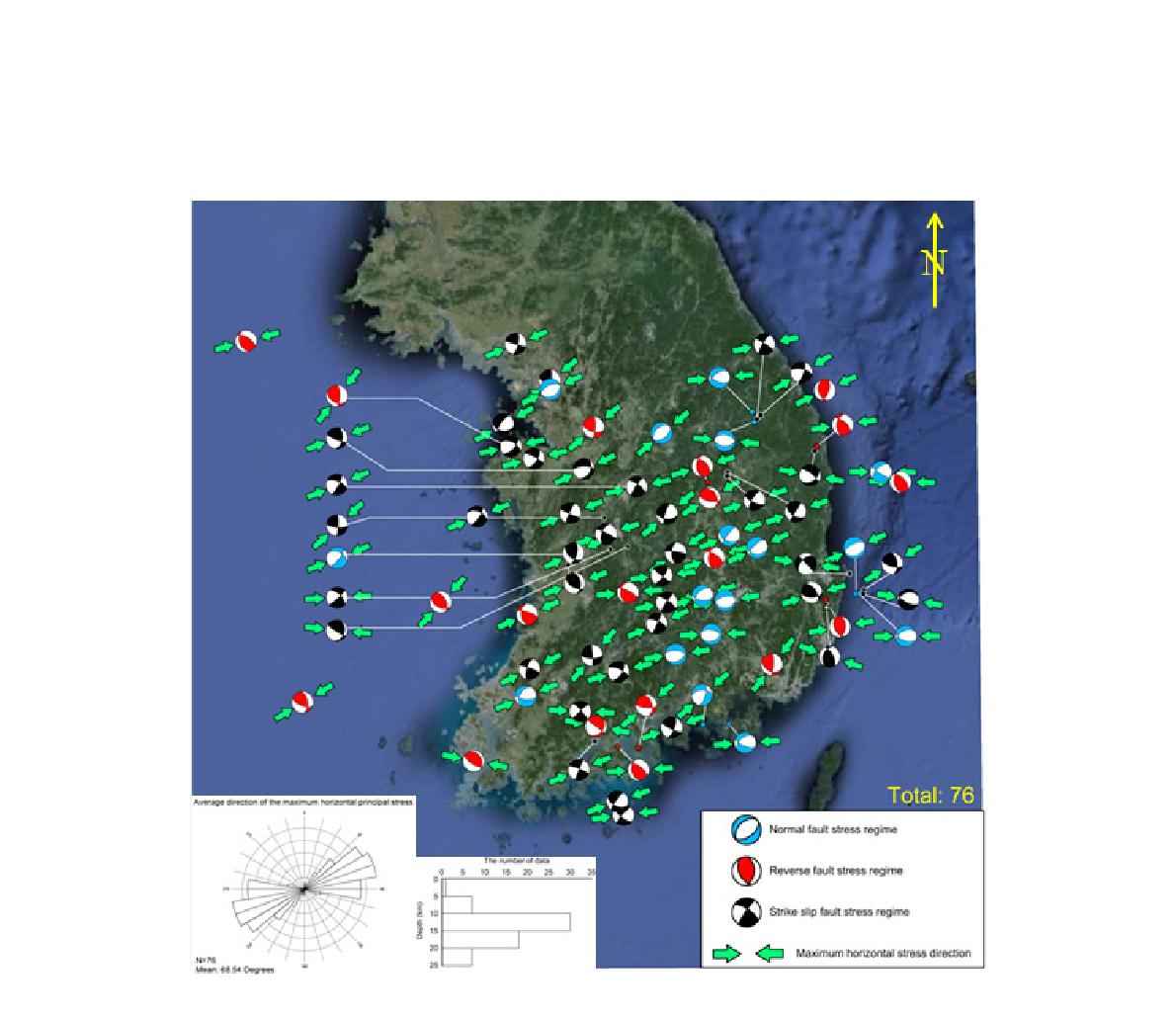 그림 3-35. 현장응력측정(hydraulic fracturing, overcoring법)으로부터 산출된 자료를 이용한 stress map.
