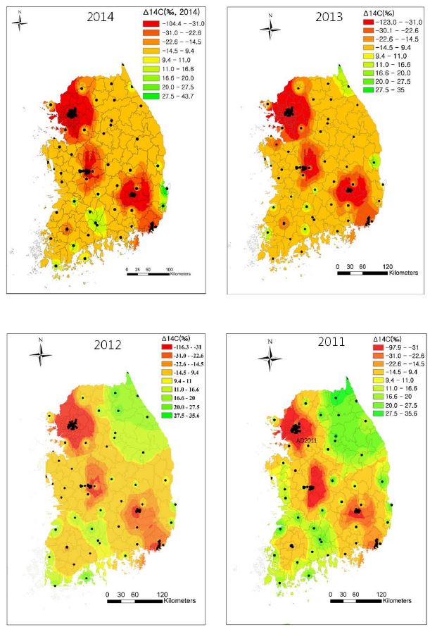 2010년도의 범례를 이용하여 작성한 2011 ∼ 2014년도의 분포도
