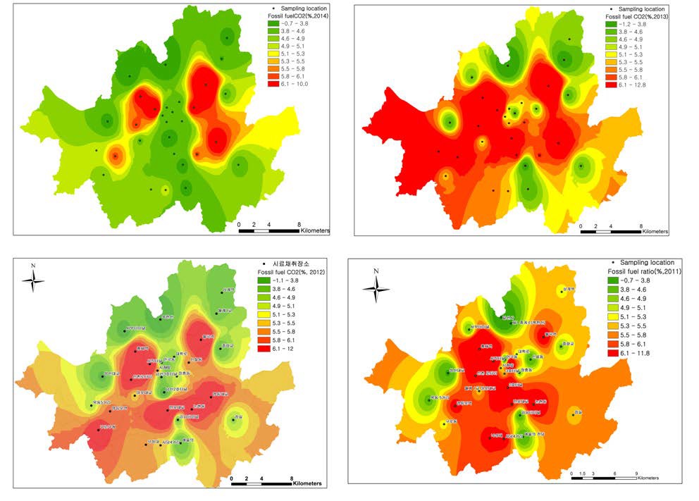 연도별 변화의 비교를 위해 2011년 범례를 다른 해에도 똑같이 적용하여 작성한 2011 ∼ 2014년의 화석연료 기원 CO2 분포도