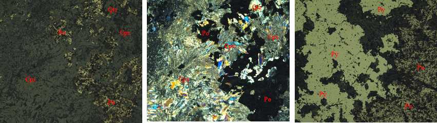 이목리일대 Pb-Zn-Cu 광화작용 시료들에 대한 현미경사진