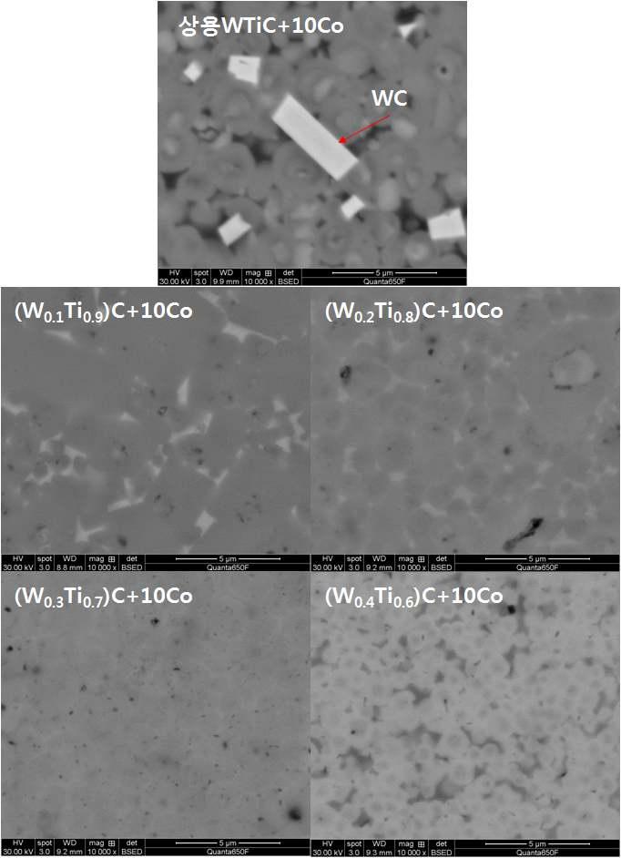 WTiC + Co(10wt.%)에 대한 1380 ℃ 진공 소결 후 미세조직
