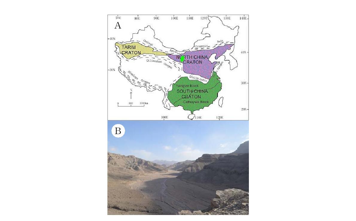 조사지역. A. 중한지괴의 서측 연변부에 위치한 조사 지역(녹색 타원), B. 조사 예정 지역 중 하나인 내몽고 Wuhai 동편 Subeigou 단면.