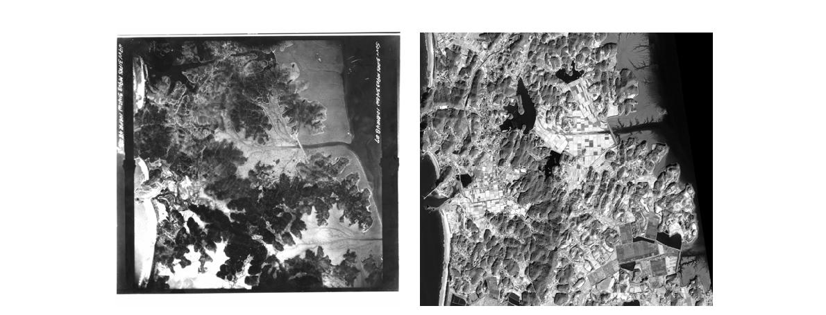 과거지형(항공사진)과 현재지형(K2 위성영상)의 비교 예(태안군 안면읍 일대).