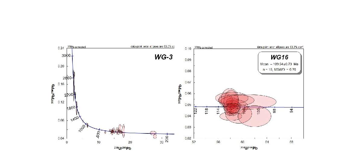 WG03, WG16의 저어콘 SHRIMP U-Pb 연대측정 결과.