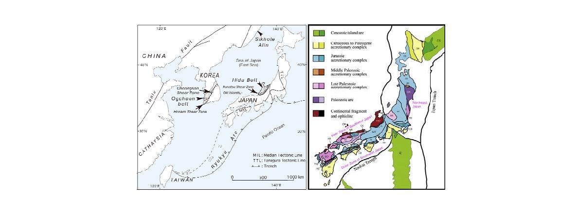 동아시아 지체구조도와 일본 열도의 지체구조적 층서구분도
