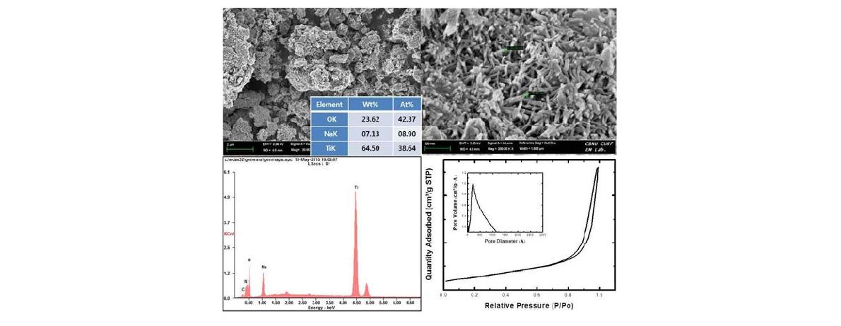 48시간 동안 수열합성된 타이타네이트 나노튜브의 SEM image,EDAX 데이터 및 N2 흡탈착 곡선.