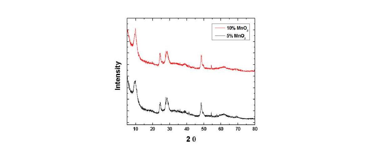 망간 전구체의 함량에 따른 MnOx/TNT 복합소재의 XRD data. (a) 5wt%, (b) 10wt%