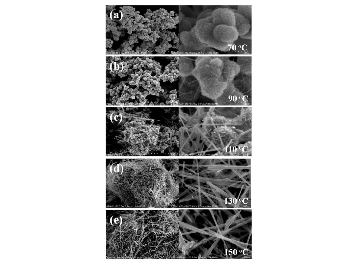 SEM images of MnO2 synthesized at different temperature.