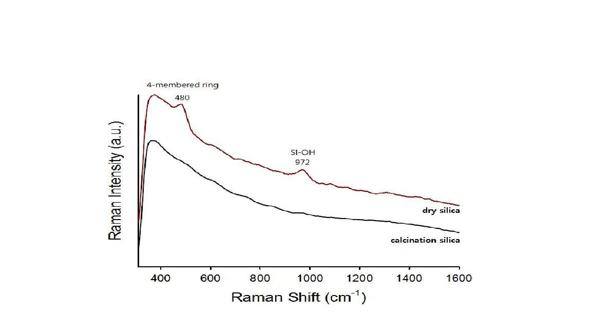 건조 실리카 샘플과 하소 샘플 Raman 분석 데이터.
