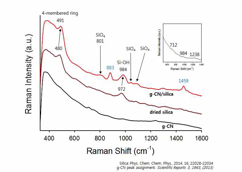 g-CN/Silica, Silica, 그리고 g-CN의 라만 스펙트럼 비교 ( < 1600 cm-1).