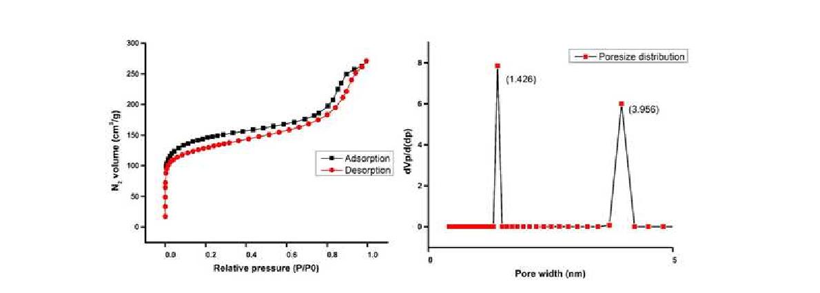 왼쪽 CTP-Fe3O4 BET data, 오른쪽 CTP-Fe3O4의 pore size.