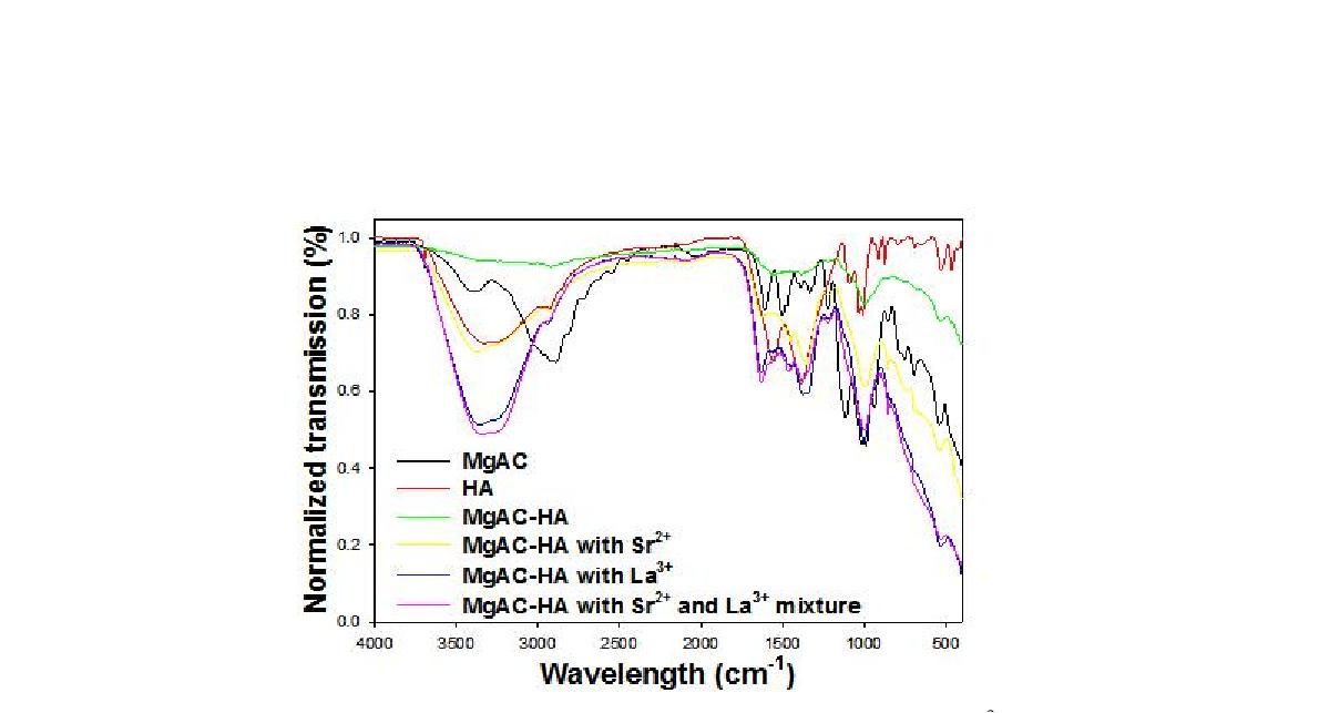 FT-IR데이터 MgAC, HA, MgAC-HA, MgAC-HA with Sr2+, MgAC-HA with La3+, MgAC-HA with sr2+ and La3+