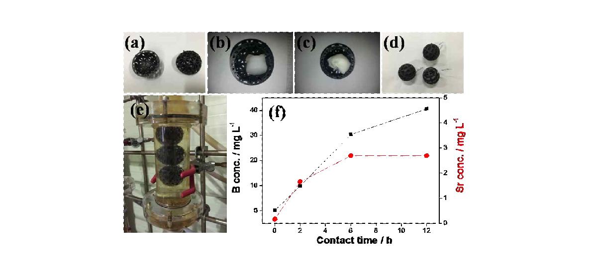 Photographs of bio-ball(bb) (a), Ca-alginate/bb (b), S110/bb (c), assembled adsorption module (d), adsorption modules in column (e) and changes in recovered B, Sr concentration with contact time (f).