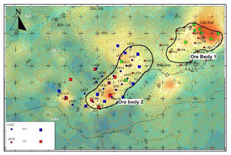 The ore body estimation based on above critierials (ore body 1 was done in 2012 and ore body 2 was recalculated based on the results of extended drilling exploration in 2015).