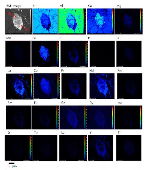 Elemental distribution maps of an REE mineral with zoning (A, allanite; H, haleniusite).