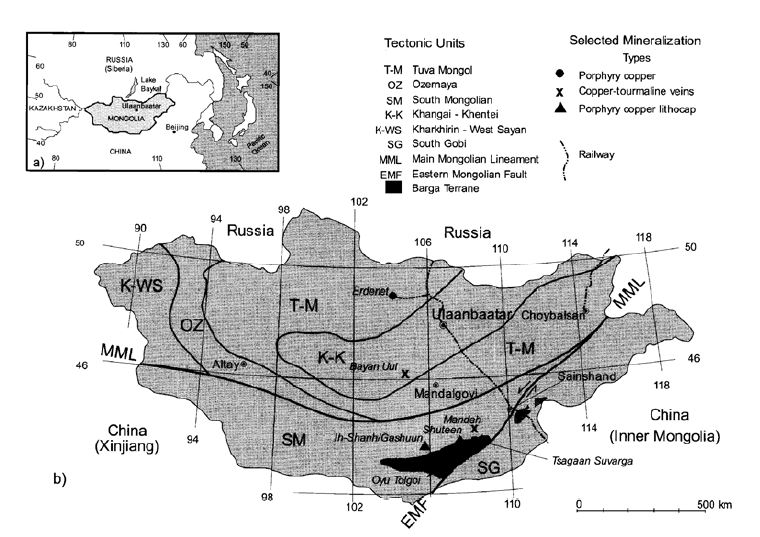 (a). Location map of Mongolia. (b). Simplified tectonic map of Mongolia (Jose et al., 2001). Tectonic units from Marinov (1971) and Byamba (1985). Eastern Mobolian fault modifified from Yue and Lion (1999). Barga terrane from Badarch and Orolmaa (1998).
