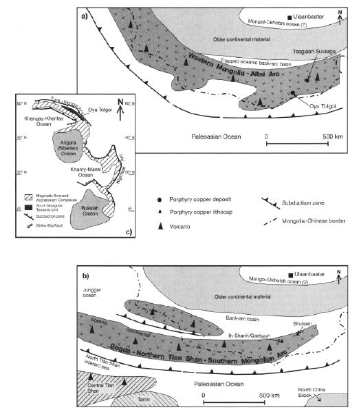 Paleogeographie interpretation of southern Mongolia-Central Asia during the (a) Devonian and (b) Carboniferous (modified from Lamb and Badarch, in press). The term