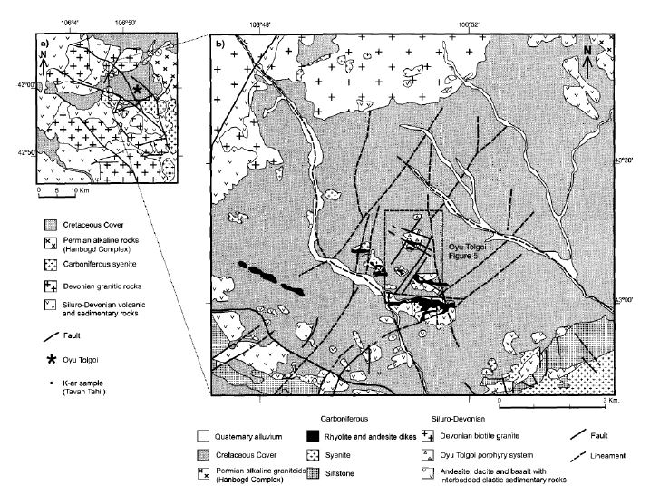 Regional (a) and district geology (b), Oyu Tolgoi, southern Mongolia. Regional geology simplified from Burenhuu et al. (1995). District geology based on mapping by the Jose et al. (2001).