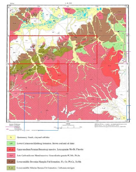 1:200,000 scale geologic and mineral distribution map of Sukhbaatar area. Survey candidate area is indicated by red rectangles.
