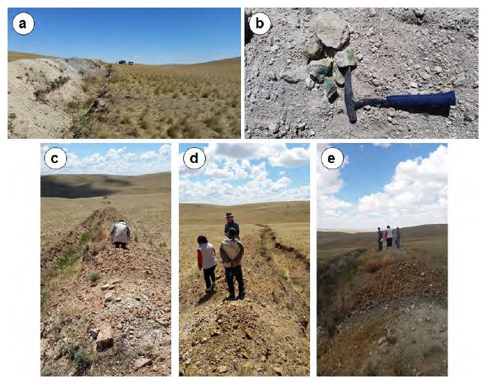 Vestiges of trench surveys (a, c, d, and e) and malachite sample (b).