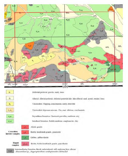 1:200,000 scale geologic map of Tsogttsetsii area. Survey area is indicated by red rectangles.