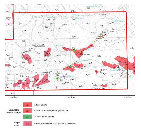 1:200,000 scale mineral distribution map of Tsogttsetsii area. Survey area is indicated by red rectangles.