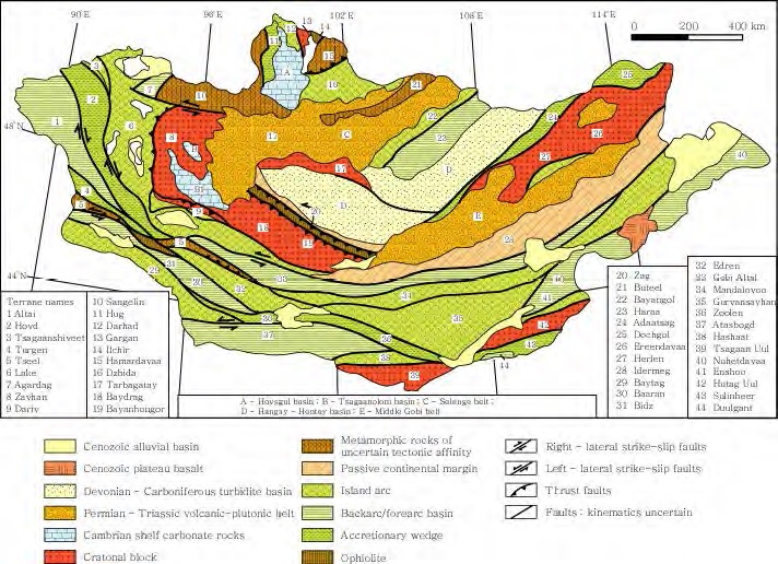 Tectonic map of Mongolia showing 44 tectonic provinces (Badarch et al., 2002). Surveyed area is located in the Gurvansayhan tectonic province (No. 35).