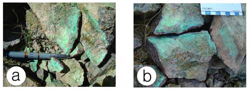 Cu-mineralized outcrops with malachite) developed near NNW trending fault with several aplitic dykes, developed within pinkish alkali granite, southern Gobi, Mongolia.
