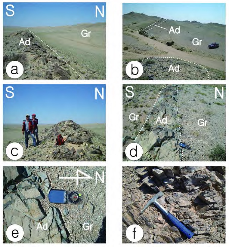 Andesitic dykes developed in the southern part of the surveyed area, southern Gobi, Mongolia (a-e). Felsic dyke with E-W trending (f). Ad=andesitic dyke, Gr=granite.