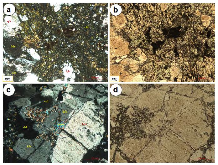 Polarized microscope thin section images of a sample obtained in propylitic alteration zone (TS-16). a and c: crossed nicol. b and d: open nicol. qtz: quartz, kfs: