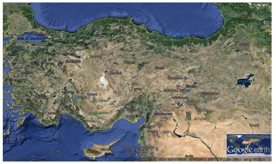 Location map of Başören and Malatya in Turkey.