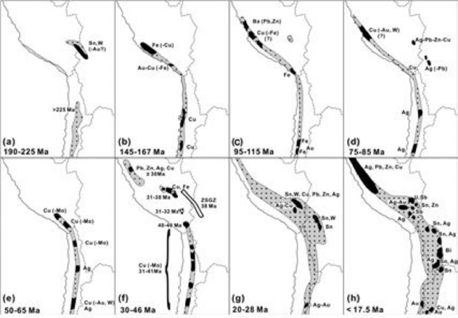 Sketch maps showing areas in the central Andes affected by selected Mesozoic and Cenozoic magmatic and metallogenic episode (Clark et al., 1990)