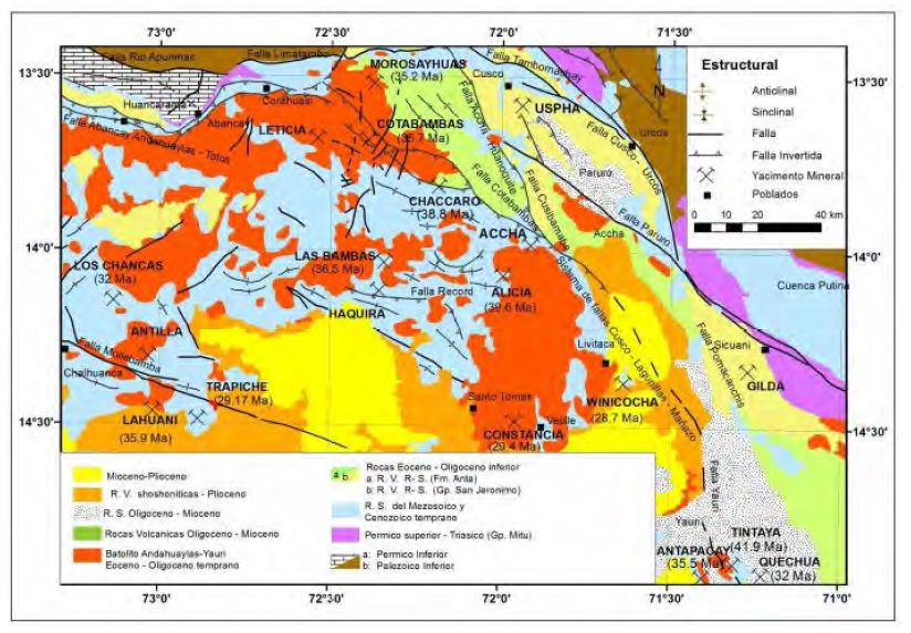 Geological map showing the major structures and ore-deposits near the Trapiche project.