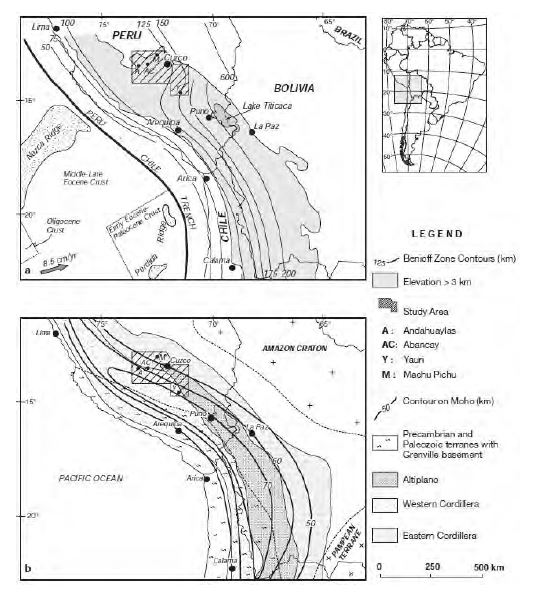 Location maps of Andahuaylas-Yauri belt included with main geologic, geophysical, topographic, and physiographic features of the Central Andes (Perelló et al., 2003)