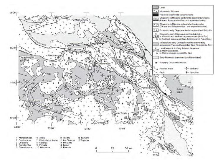 Geological map of Apurimac region included with Las Bambas area (Perelló et al., 2003).